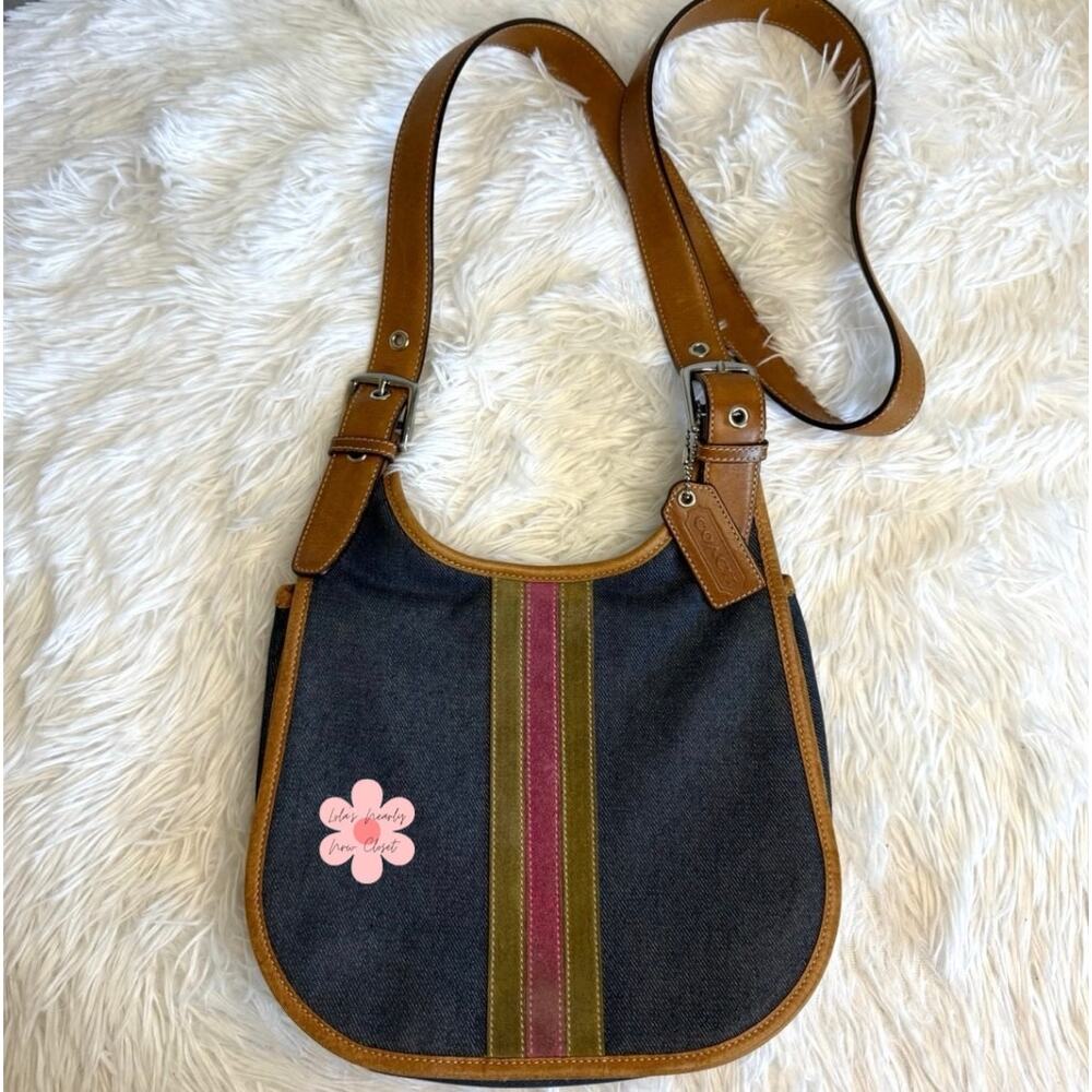 RARE y2k COACH Vintage Denim Suede Striped Crossbody  Shoulder Bag - Picture 4 of 13